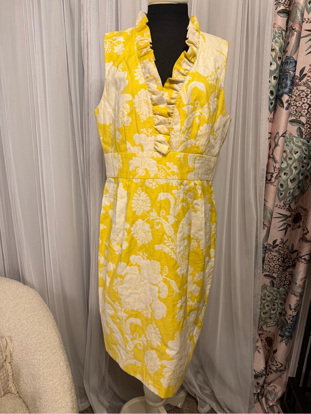 new directions Yellow and White Ruffle V-Neck Midi Dress